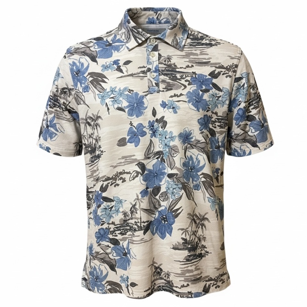 TOMMY BAHAMA white/blue/gray cotton blend floral short sleeve polo shirt size XL